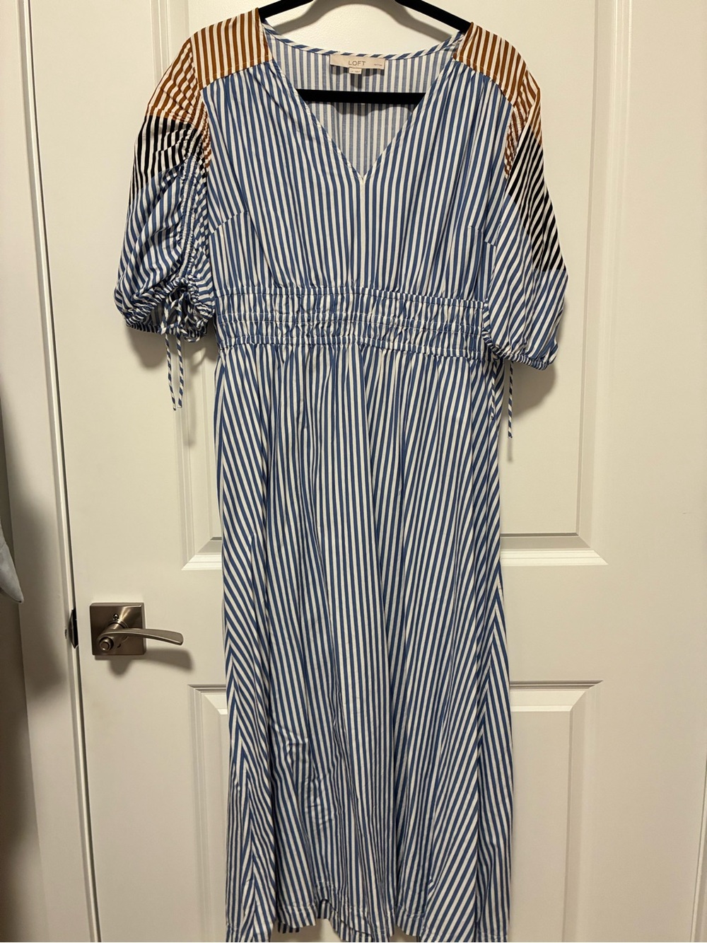 LOFT Blue and White Striped Maxi Dress with Tan Shoulder Panels